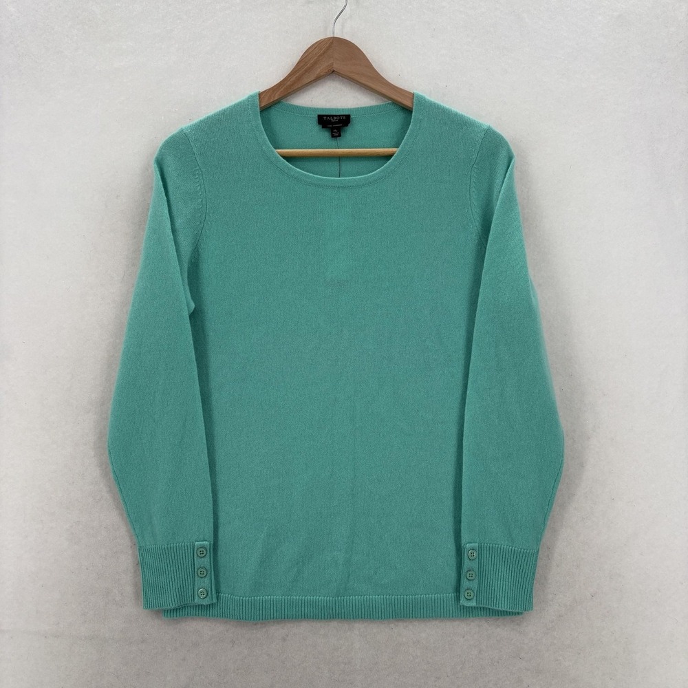 Talbots Sweater Womens PM Green 100% Cashmere Crew Neck Button Cuff Pullover NWT
